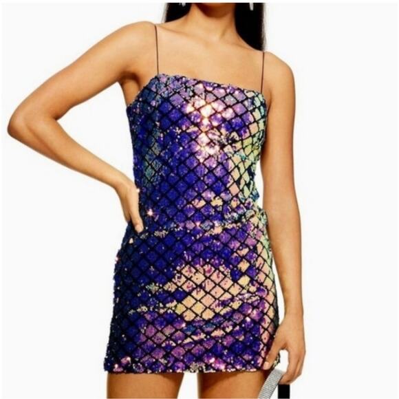 Topshop Diamond Sequin Mermaid New Years Eve Holiday Slip Dress Mini Size 4 - Picture 1 of 7